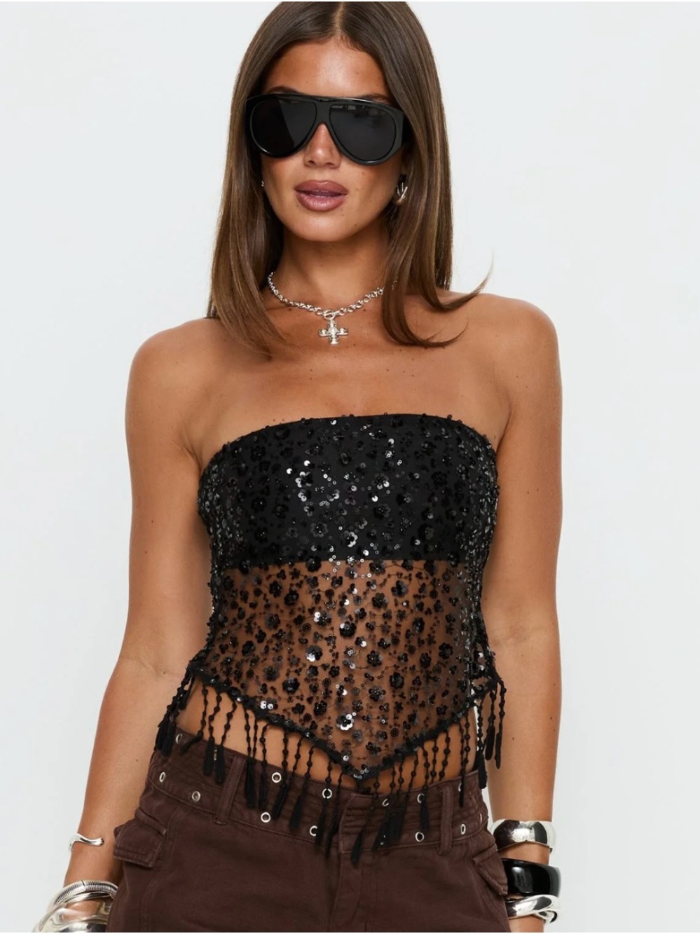 Princess Polly Black Sequin Strapless Mesh Crop Top